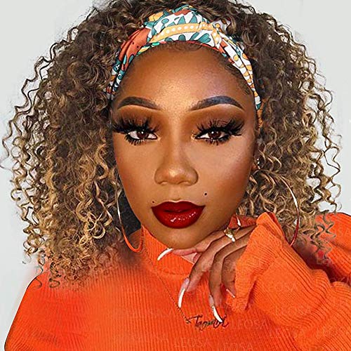 LEOSA Headband Wigs for Black Women, Kinky Curly Wig with Headband Attached Synthetic Short Deep Curly Full Wig with Colorful HeadWrap Wig Easy to Wear Machine Made Wigs Head Wrap Wig 2 in 1 10inch