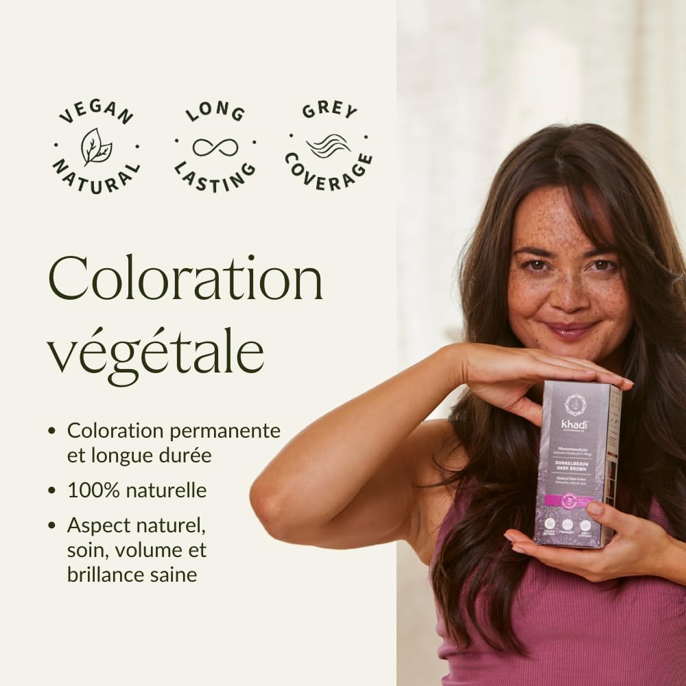 khadi BRUN FONCÉ Coloration végétale - Coloration pour cheveux pour un brun foncé profond et brillant à brun noir intense - 100% végétale et naturelle - 100 g