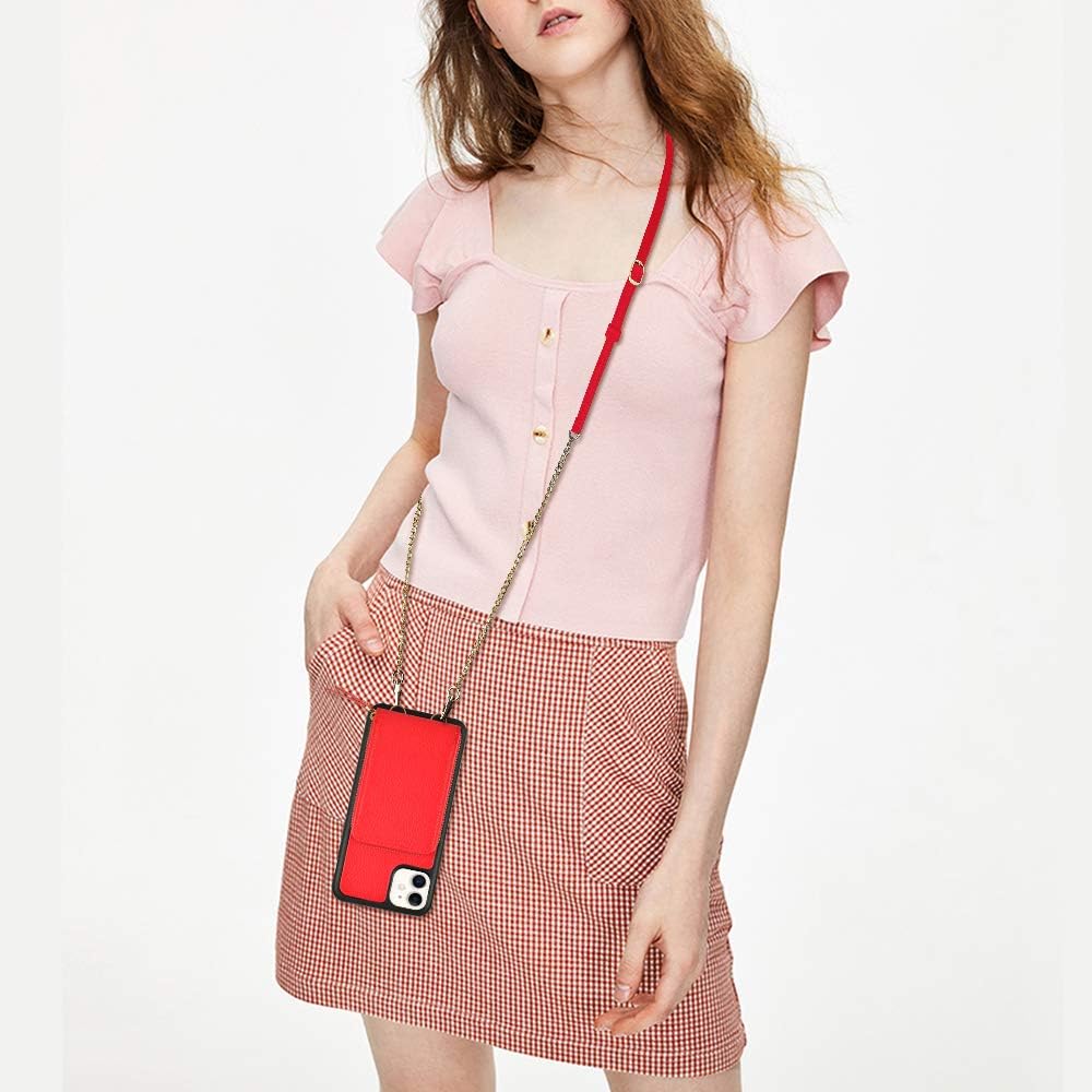 JLFCH iPhone 11 Wallet Case, iPhone 11 Crossbody Case with Zipper Credit Card Slot Holder Wrist Strap Lanyard Protective Cover Women Girl Purse for Apple iPhone 11, 6.1 inch - Red