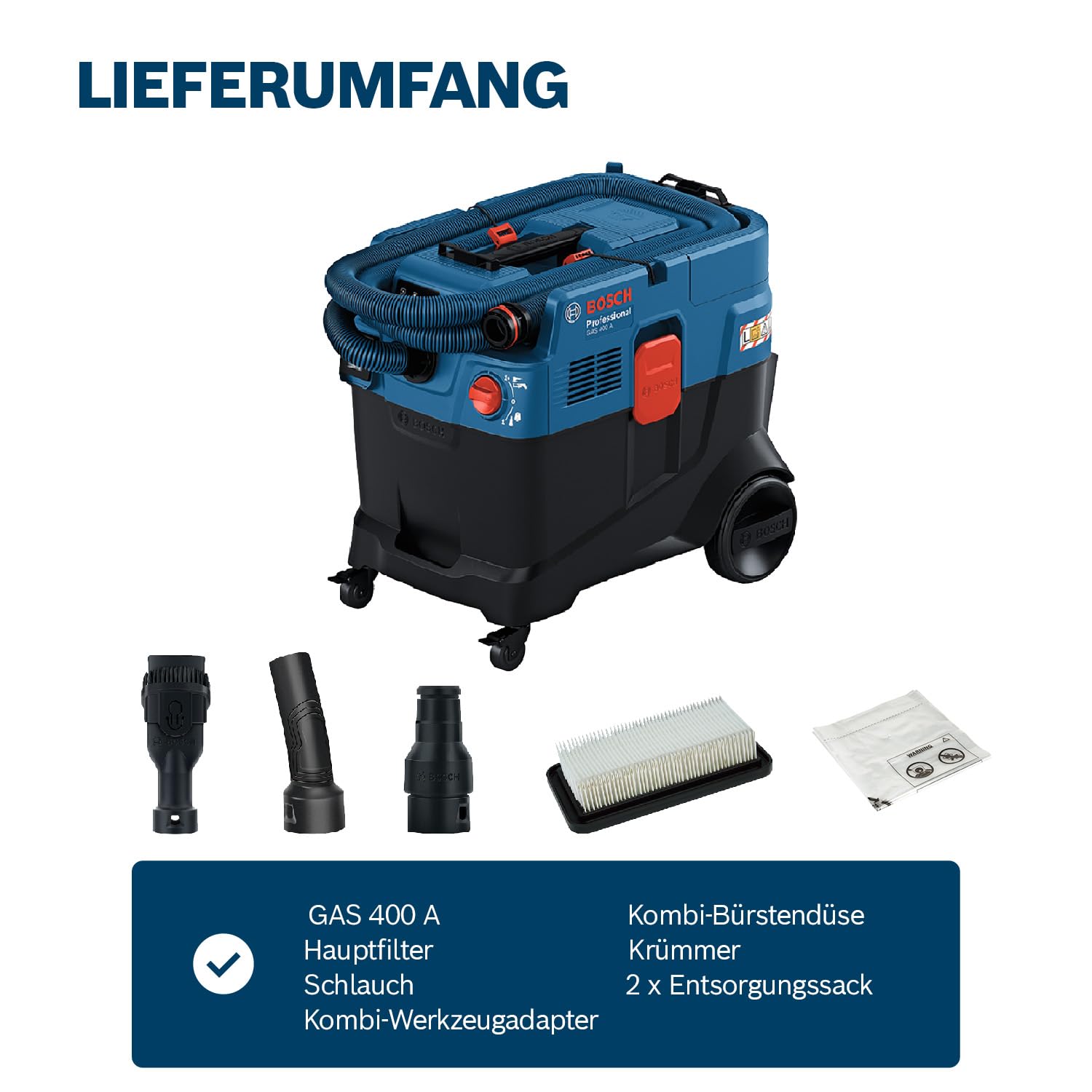 Bosch Professional Allessauger Gas 400 A (1200 W, automatische Filterreinigung (AFC), inkl. Hauptfilter, Schlauch, Werkzeugadapter, Krümmer, 2X Entsorgungssack)
