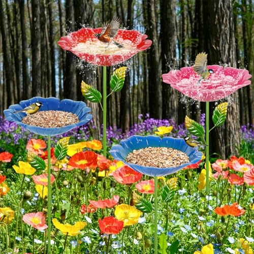 Image of 4 Pack Bird Bath for Outside, Outdoors Garden Decor Flower Birdbath | Colorful Metal Bird Bowl with Five Stakes for Bird Baths & Bird Feeders,31.3 inch H x 10.63 inch Dia (Royal Blue,Pink,Cyan,Deep Re
