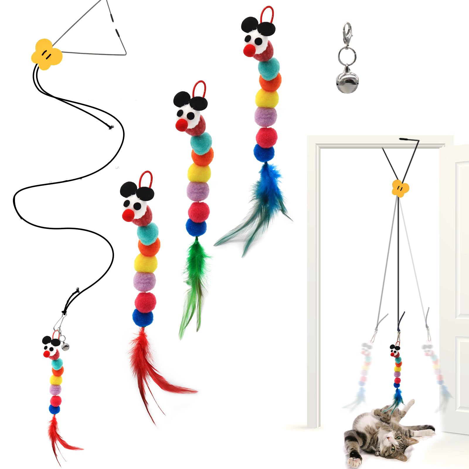 OODOSI Self Play Hanging Door Cat Feather Worm Toys, Interactive Cat Worm Toys for Indoor Bored Cats Kitten Exercise Toy for All Breeds