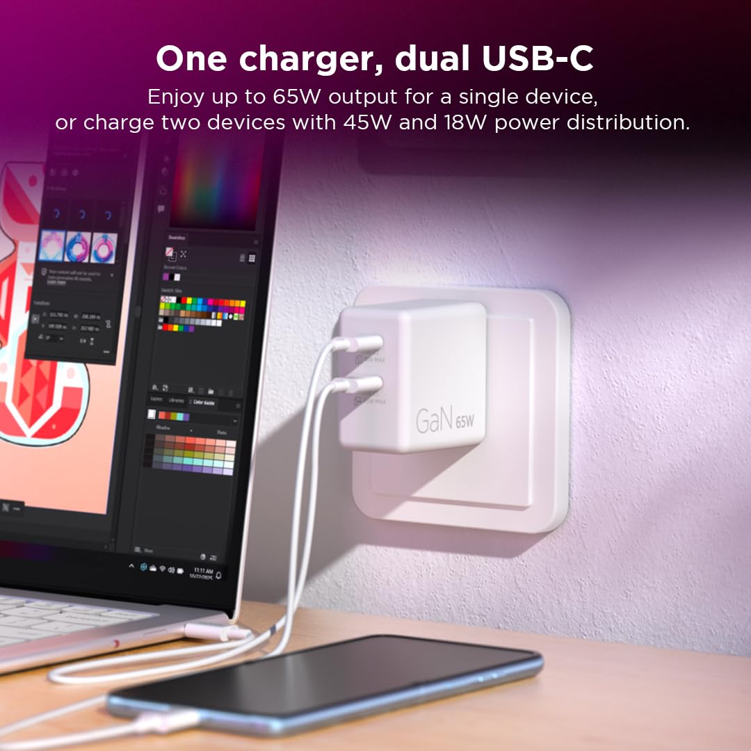 Lenovo Caricatore doppio USB-C 65W GaN, 2 porte USB-C, per laptop/tablet, telefoni e altro, dimensioni compatte, spina pieghevole, include cavo USB C da 1,5 m, modello/tipo: CC65, bianco