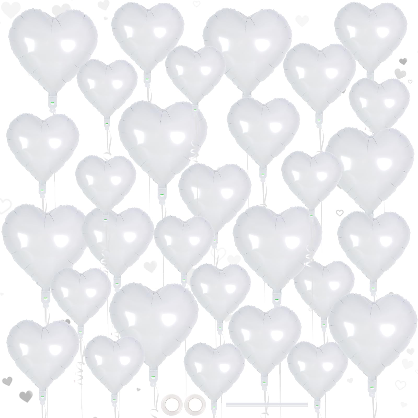 30 Pcs White Heart Balloons, 3 Sizes Heart Foil Mylar Balloon, Valentine Day Party Decorations, Love Balloon Valentine Balloons for Birthday Party Wedding Baby Shower Valentine Day Decorations