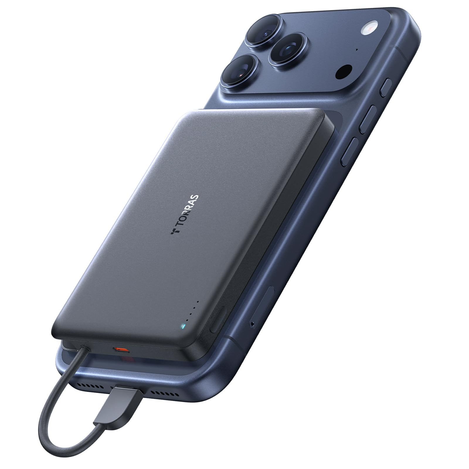 TORRAS Power Bank with Built-in USB-C Cable, Ultra-Slim 10,000mAh Portable Charger USB C, 22.5W Fast Charging Battery Pack for iPhone 17/16/15 Series, Phone air, Galaxy, Pixel, Grey (No-Wireless)