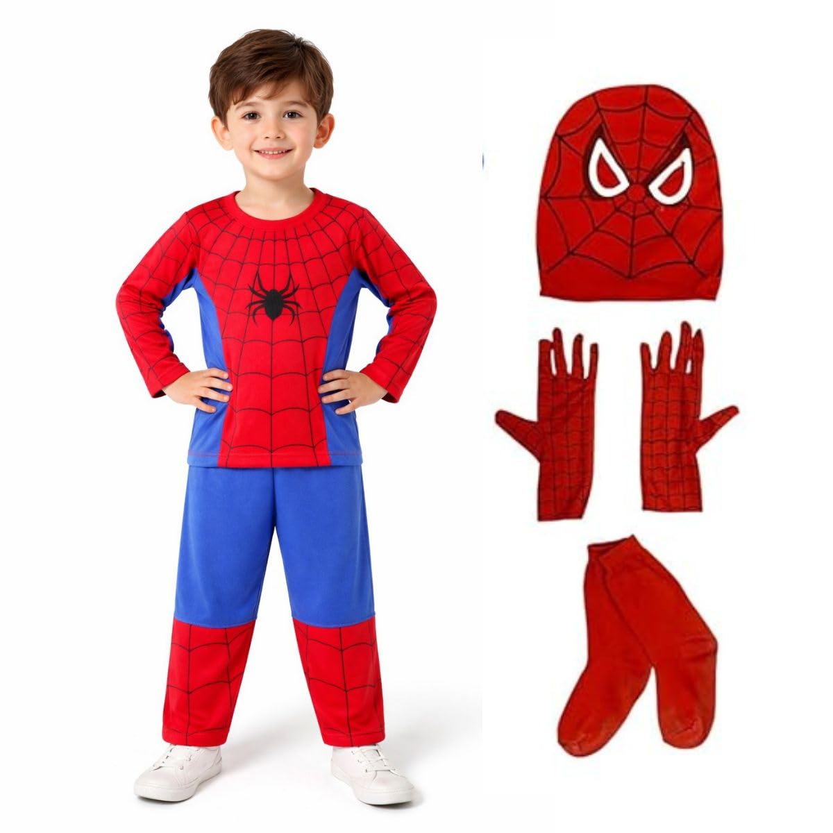 Kids Spider Superhero Costume Set with Full Mask, Gloves & Socks – Fancy Dress Outfit for Boys (2–8 Years)