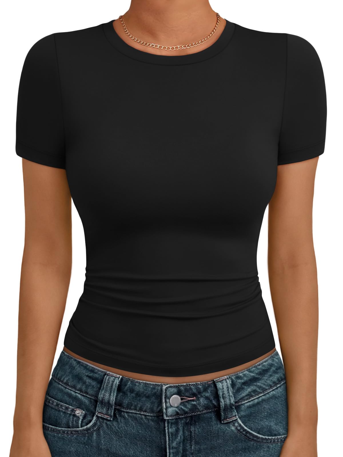 AUTOMET Womens Crew Neck Short Sleeve Summer Basic T-Shirt Stretchy Tight Fitted Soft Going Out Workout Gym Tops