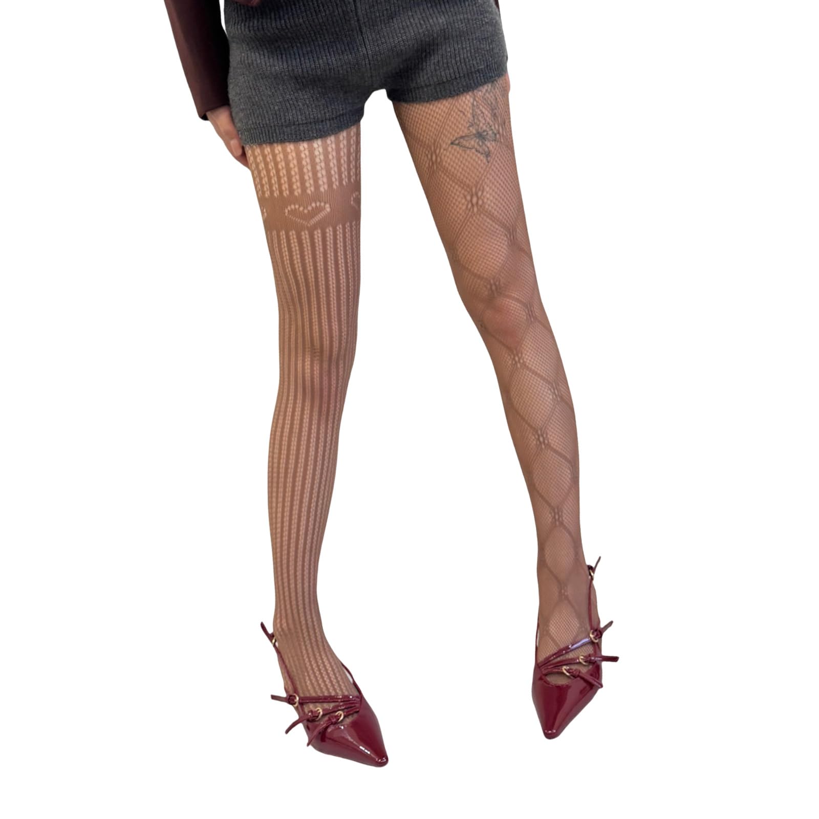 oringnat Women Aesthetic Hollowout Fishnets Mesh Tights Stockings Asymmetrical Argyle Floral Heart Lace Patterned Sheer Pantyhose