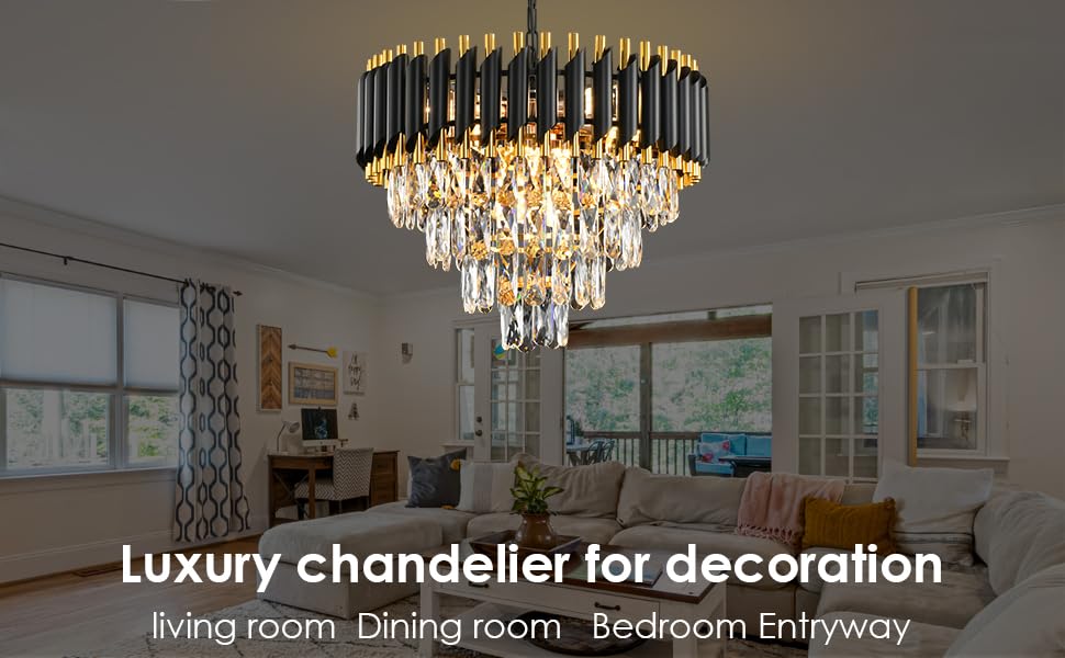 Image of DREAMY DESIGNS Chandelier Lights for Ceiling Black Gold 500 MM 4-Tier Crystal Chandeliers for Living Room with 3 Mode LED Light Plate for Hall Modern Jhumar Designer Bedroom and Dining Room