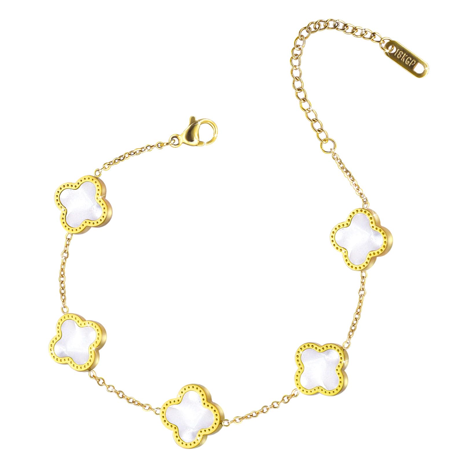 AyeheLucky Clover Bracelet, 18K Gold Plated Titanium Steel Bracelet, Double-sided Four Leaf Clover Bracelet for Women Teen Girls