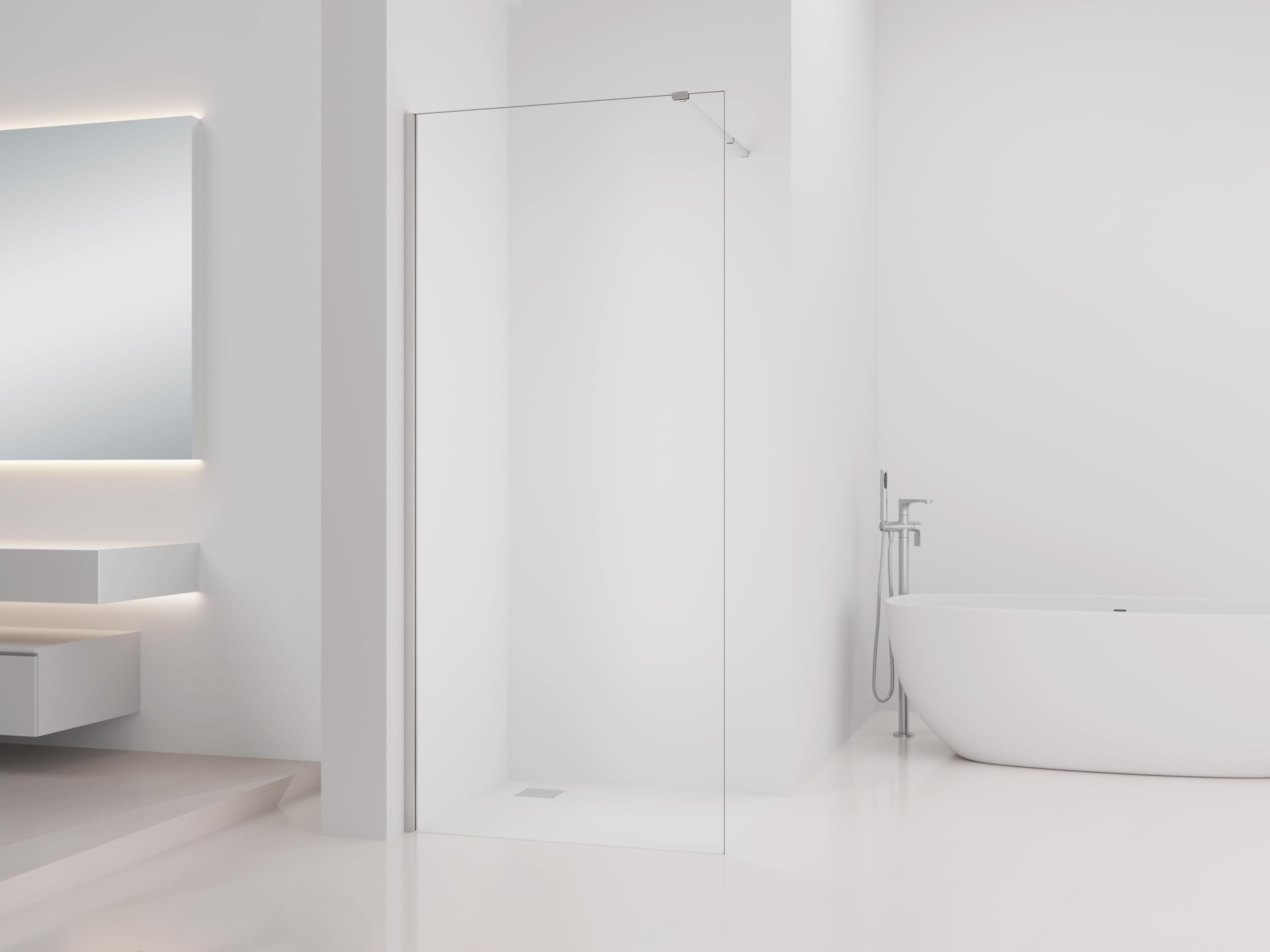 Walk-In - Pannello doccia 90 x 200 cm – 8 mm, vetro di sicurezza monolastra, colore argento opaco, reversibile, telaio in alluminio, staffa di stabilizzazione 70 – 100 cm, facile da montare, moderno