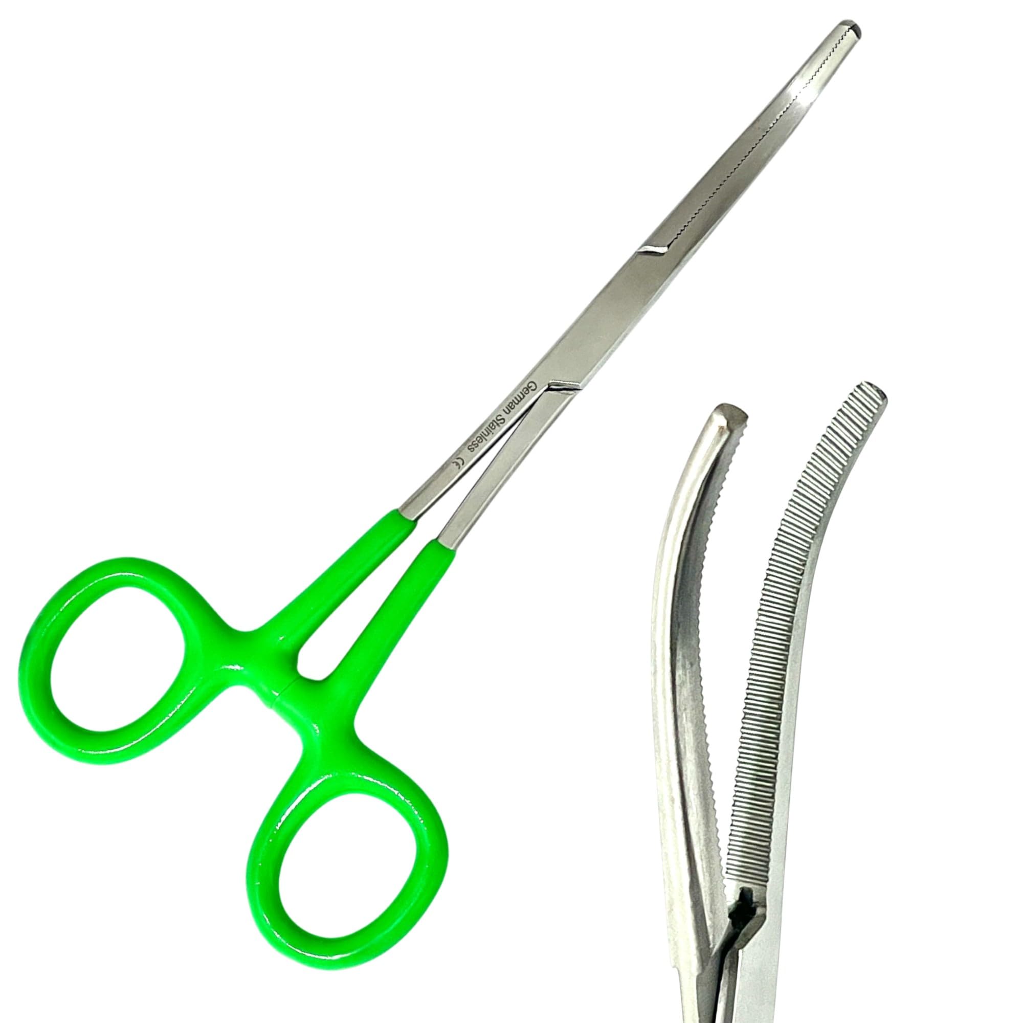 German Vinyl Grip Locking Straight & Curved Hemostat -Hemostat Forceps- Stainless Steel Locking Tweezer Clamps - Ideal Hemostats for Nurses, Fishing Forceps, Crafts and Hobby (Green CVD 6.25")