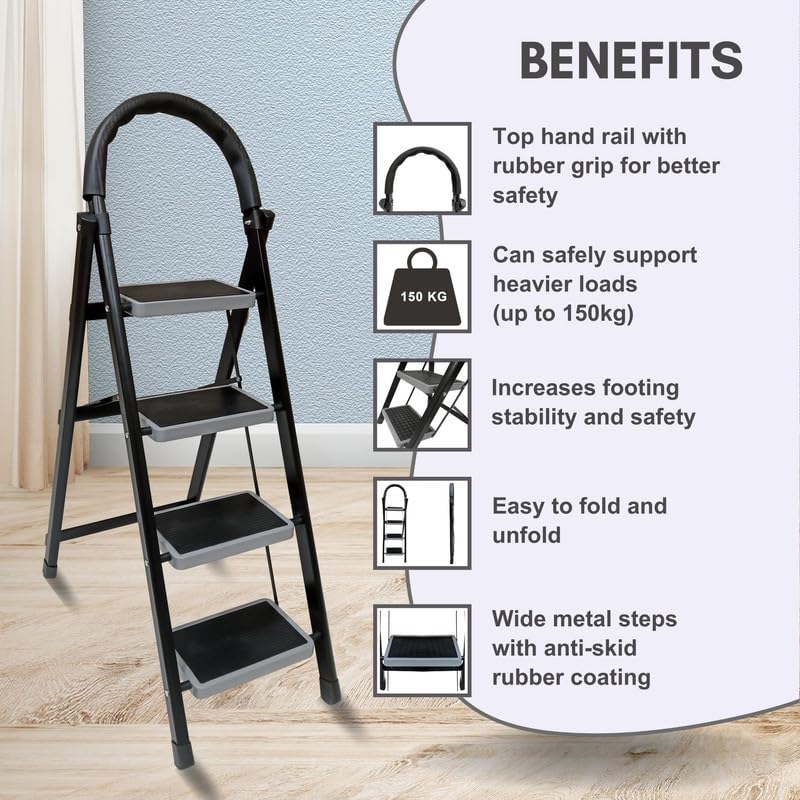 Image of TNT The Next Trend 4 Step Steel Step-Ladder for Home | Heavy Duty Foldable Ladder with Wide Ant-Slip Steps and Anti-Skid Shoes - Black