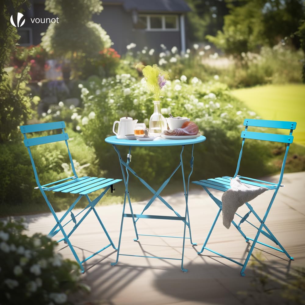 VOUNOT® Conjunto de Muebles de Jardín Plegable 3 Piezas, Set de Bistro con Marco de Acero Resistente y Respaldo, Juego de 1 Mesa Redonda y 2 Sillas Terraza, para Balcón, Jardín, Patio, Exterior, Azul
