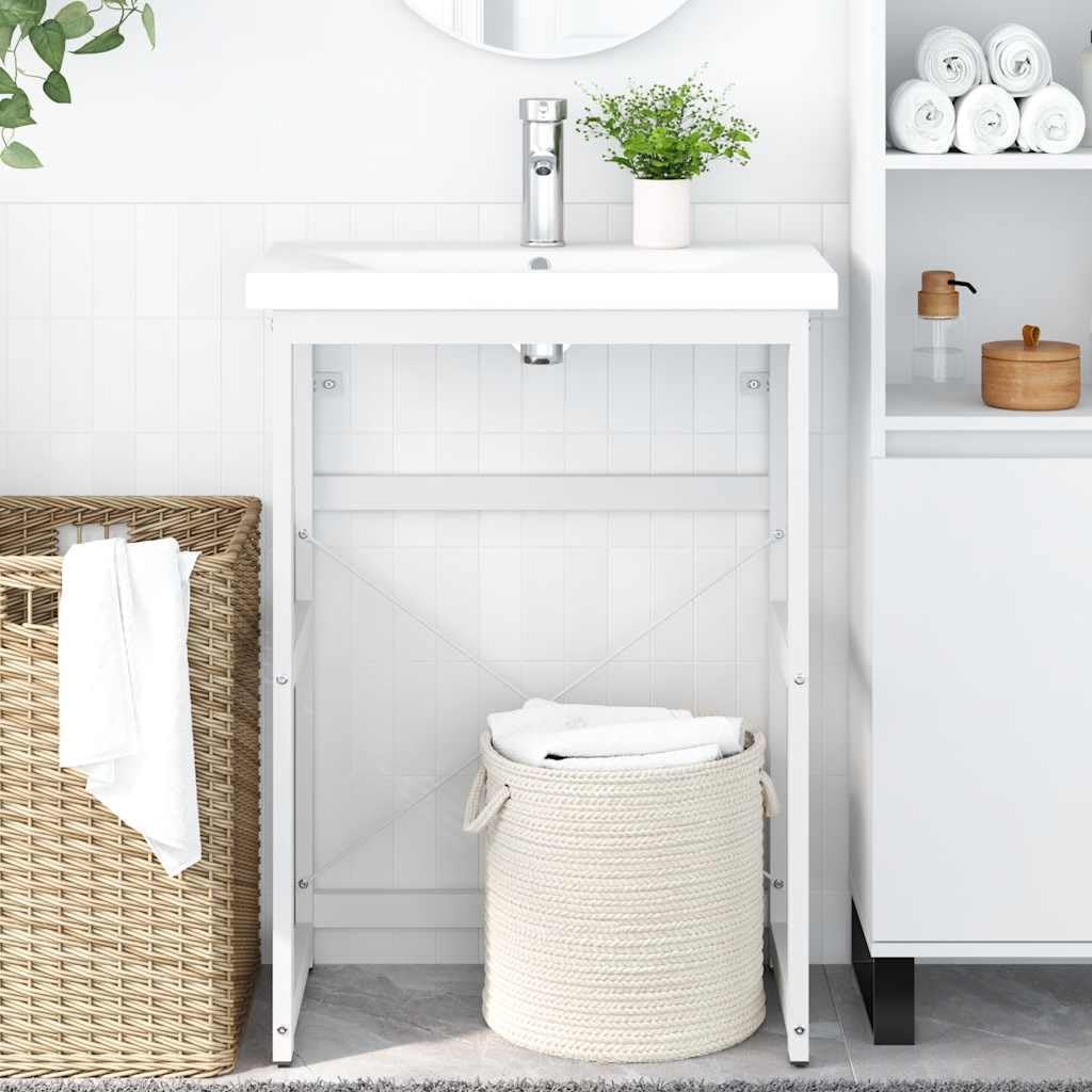 Waschtischgestell Badezimmer Weiß 59 x 38 x 83 cm, pulverbeschichtetes Eisen, Waschbeckenständer mit Wandhalterung, platzsparender Stauraum für Waschplatz und Gäste-WC