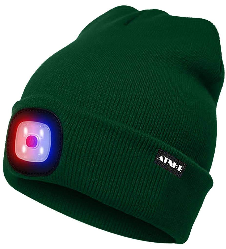 Atnke Men's Green Led Lighted Beanie Cap,Usb Rechargeable 4 Led Red And Blue Glow Flashing Running Headlamp Hat Winter Warm Gifts For And Wo