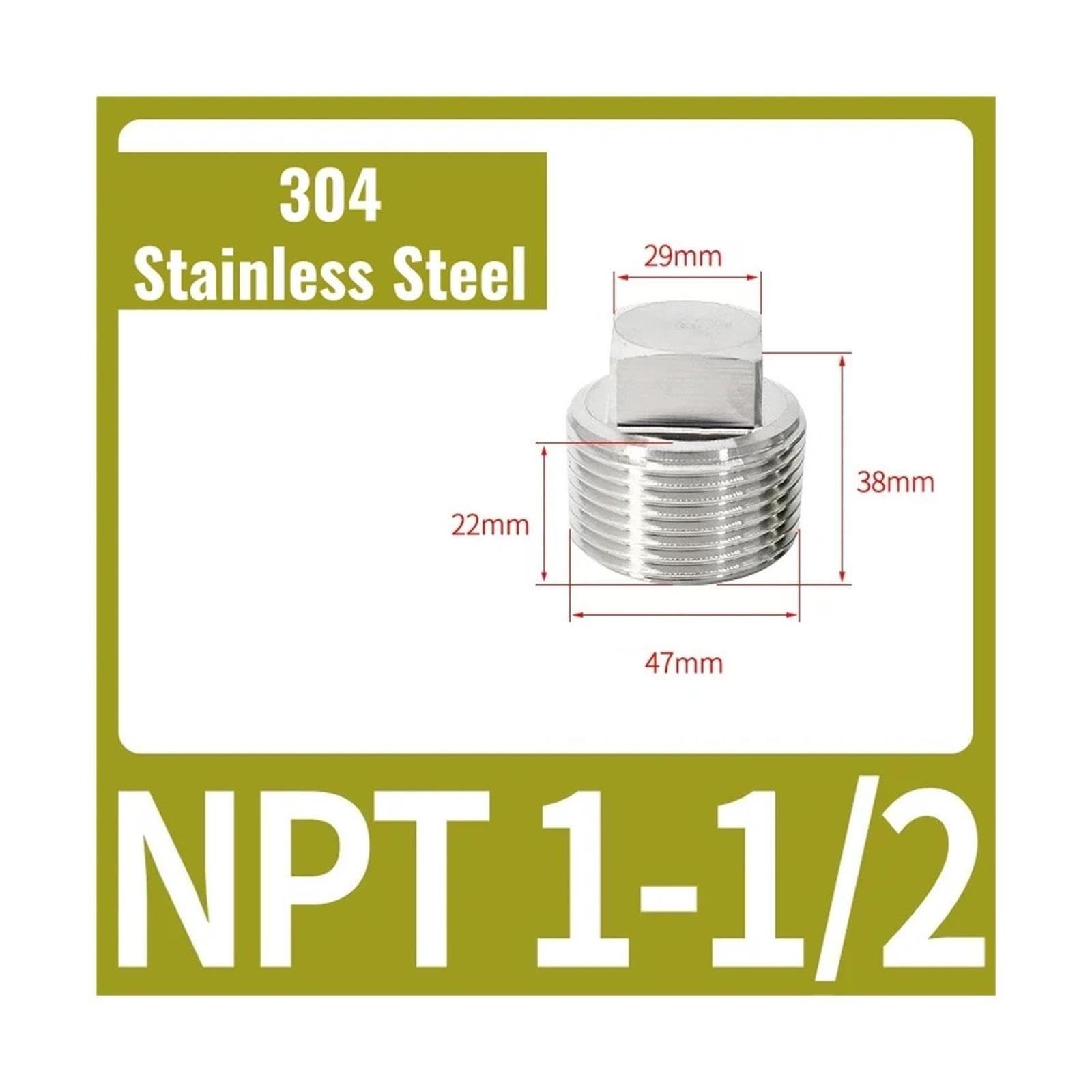 Bouchon carré plein acier304, filet mâle BSPT/NPT 1/8"-2"