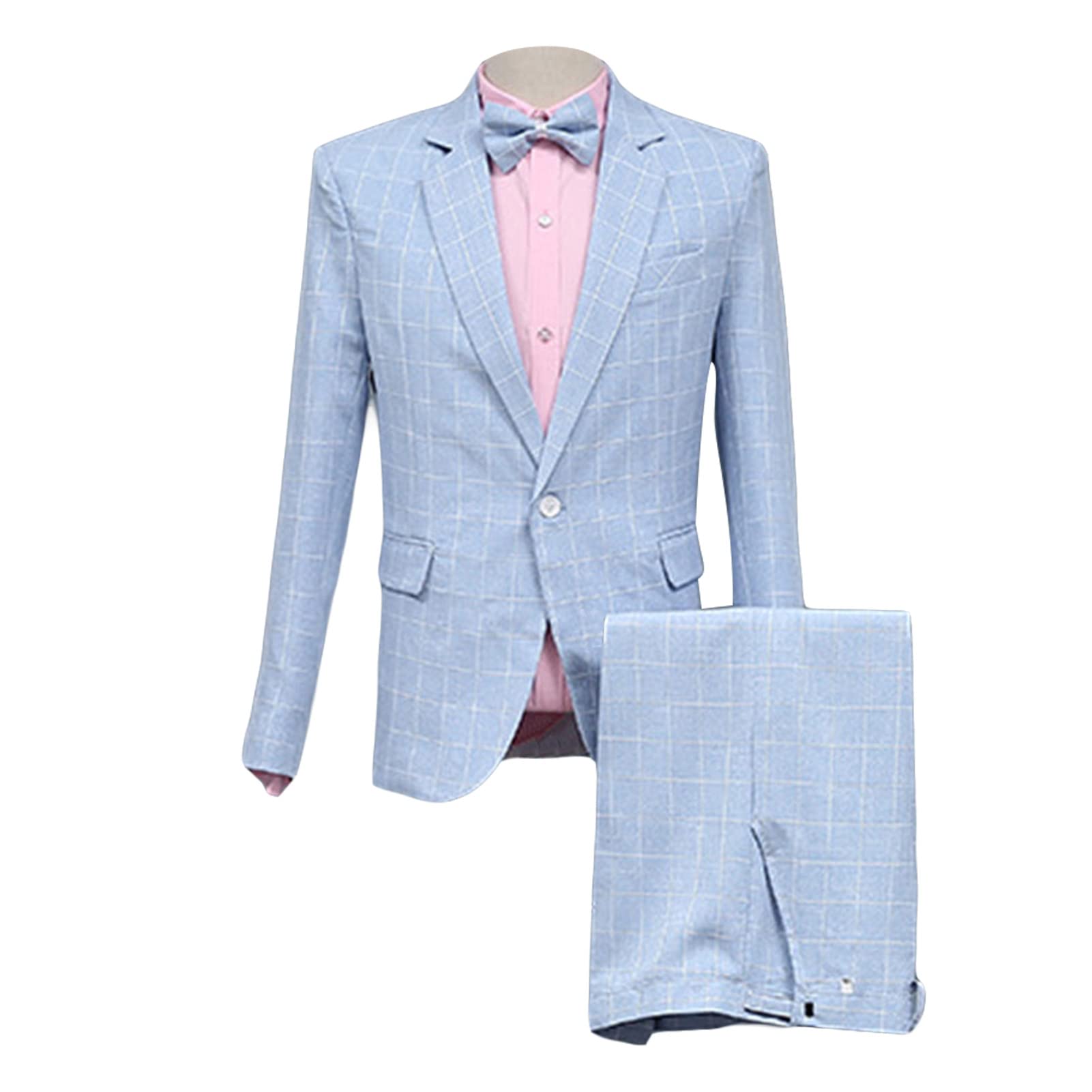 Mens Plaid 2 Pieces Tuxedo Suit Checked Single Breasted One Button Blazer Set Slim Fit Formal Jacket Vest & Pants (Light Blue,Large)
