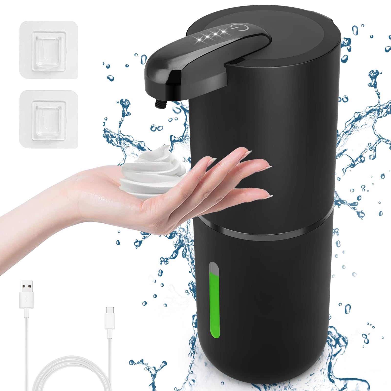 Cuteefun Dispensador Jabon Automático Espumoso, 380ml Dispensador de Jabón Recargable, Dosificador Jabon Pared con Control de 4 Niveles, Dispensador de Jabón Eléctrico para Baño, Cocina, Negro