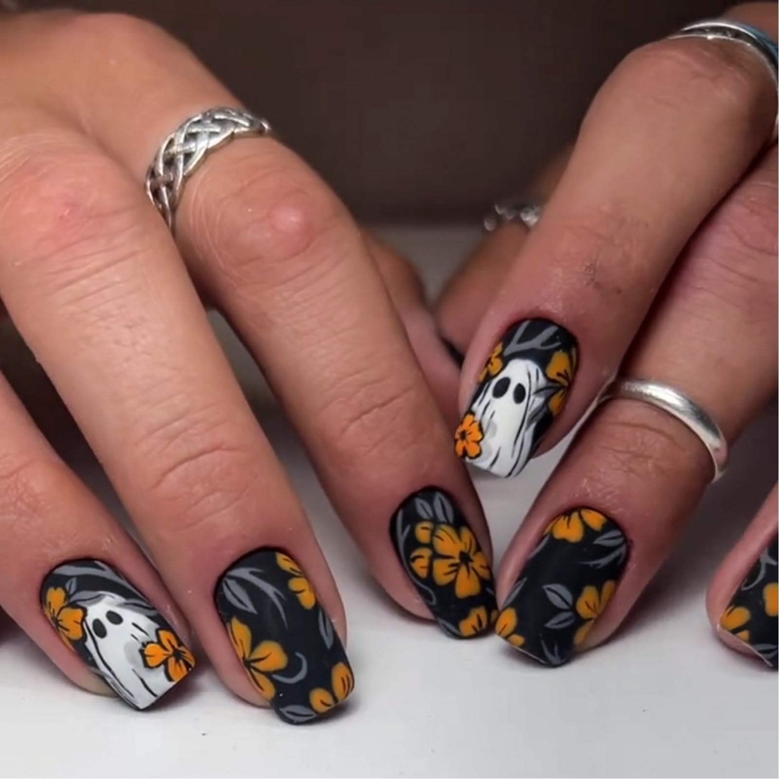 Halloween Short Square False Nail -24 PCS Black Fake Nails -Orange Flowers White Ghost False Press on Nails Design