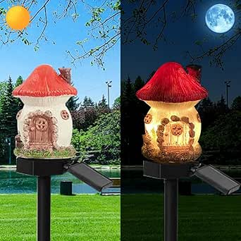 YZYOE Solar Powered Red Mushroom House Lamp, Garden Decoration Resin