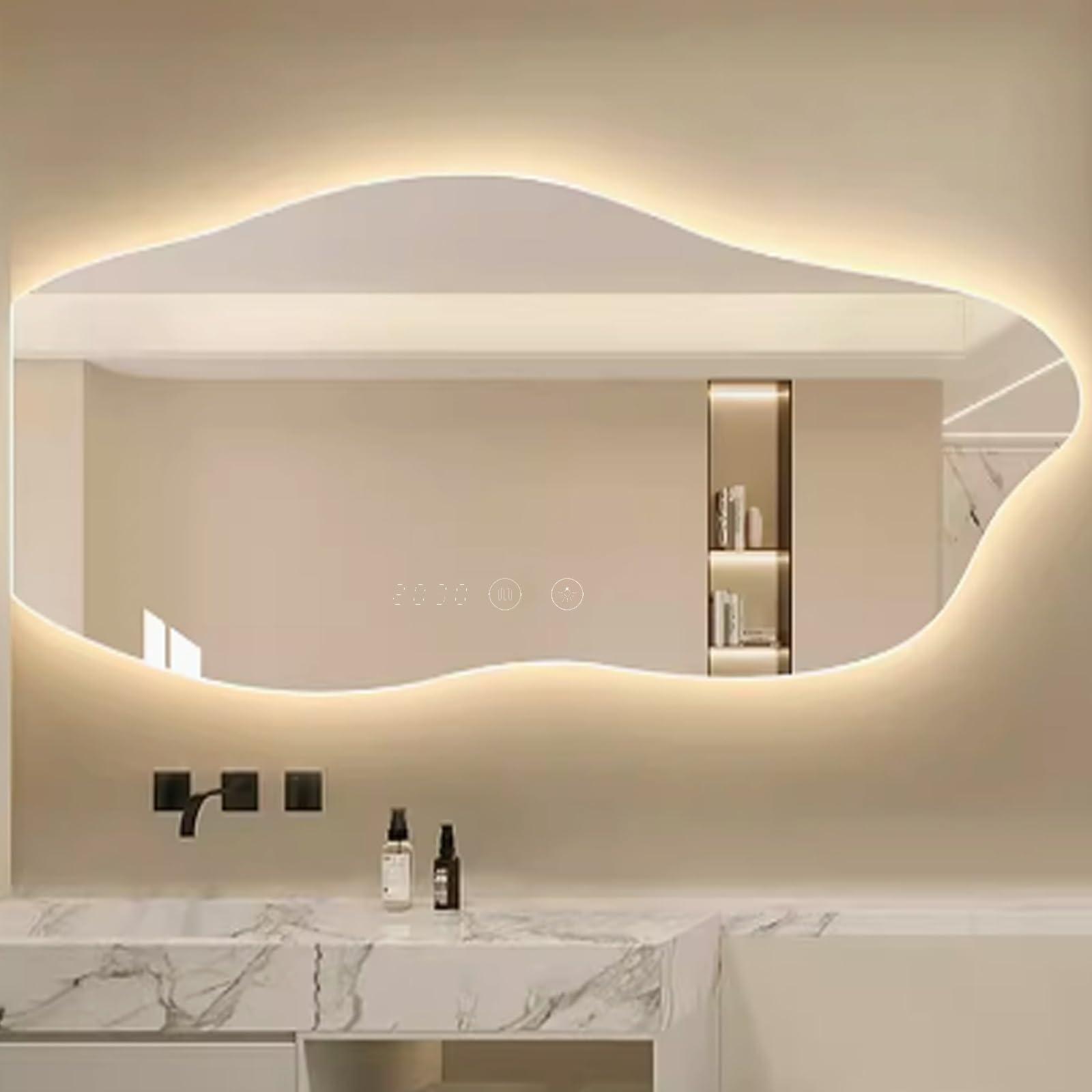 LIDANGUH Irregular led bathroom smart wall mirror Defogger, Multifunction Cloud Dimmable Vanity Mirror, Three-color light, Time and Temperature, Frameless,Backlight(Left,60 * 120cm/23.6 * 47.2in)