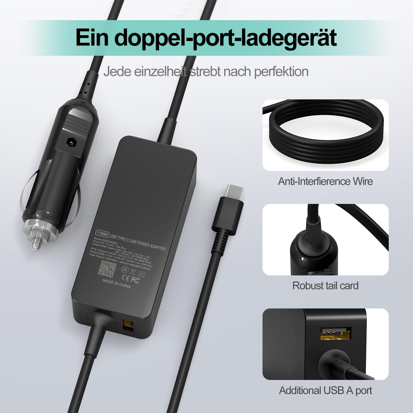 Chargeur allume-cigare pour ordinateur portable 12 V-24 V - Prise USB C 100 W + 18 W pour HP/Lenovo/Dell - Câble de charge de voiture Samsung Galaxy S23/S24 Ultra/Google/iPhone 16/16Pro 15 max/iPad
