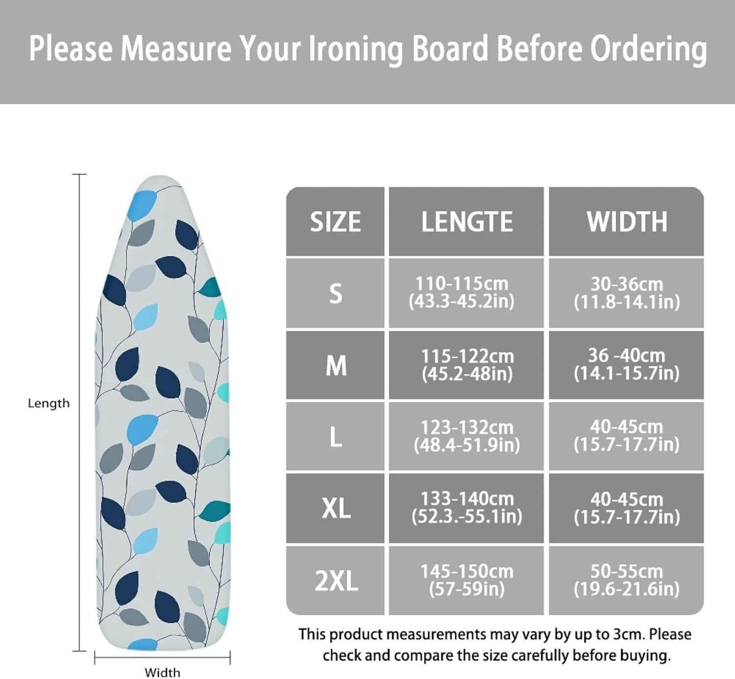 Iron Board Cover with Padding Standard Size Blue Teal Leaf Padded Ironing Board Covers 15x54 Heat Reflective Extra Thick Wide Non Stick Scorch and Stain Resistant Heatproof