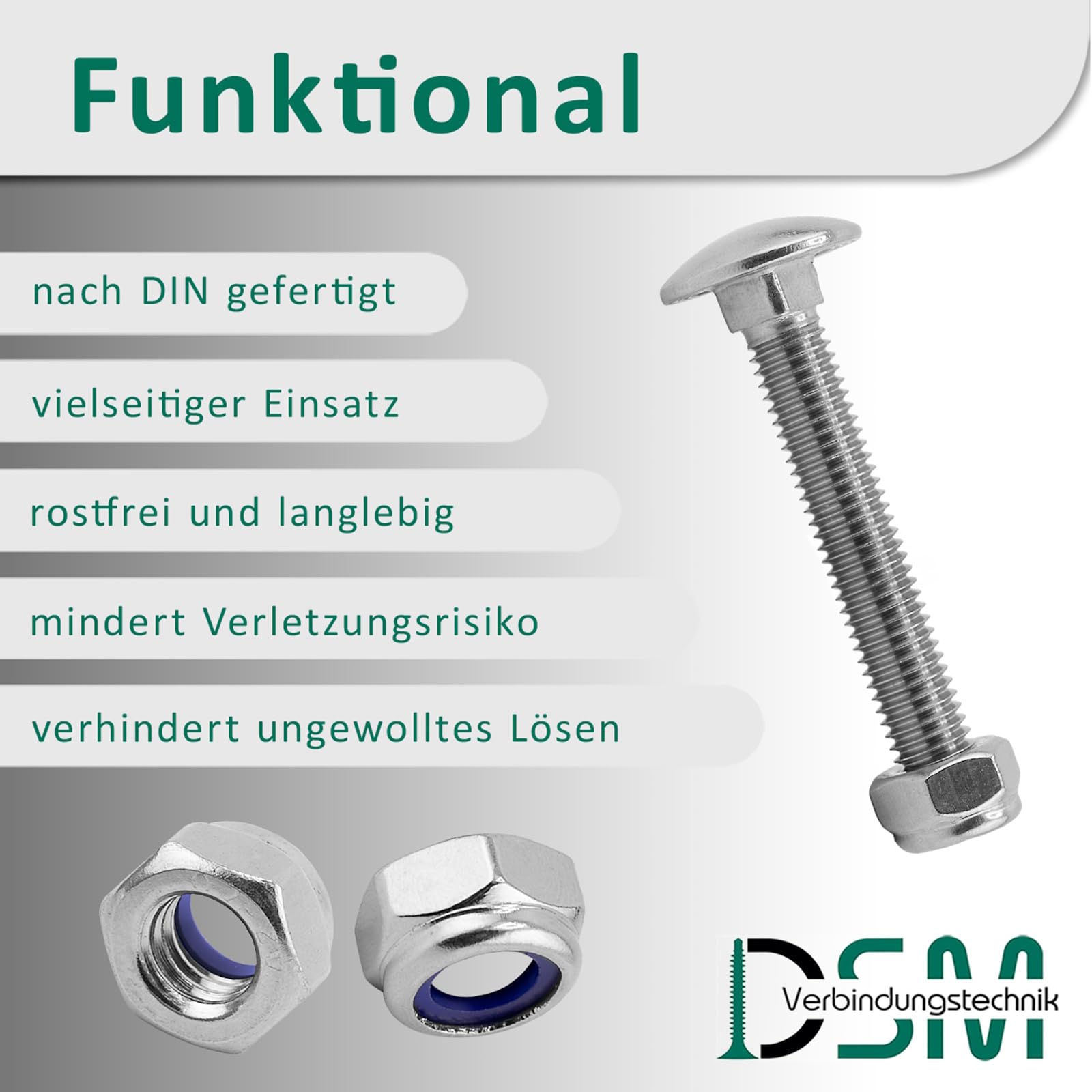 DSM – Viti a testa tonda M12 x 60 mm a norma DIN 603 – Dado di sicurezza M12 DIN 985 – Acciaio inox A2/V2A – Viti a testa tonda con attacco quadrato – Dadi autobloccanti con morsetto – 10 pezzi