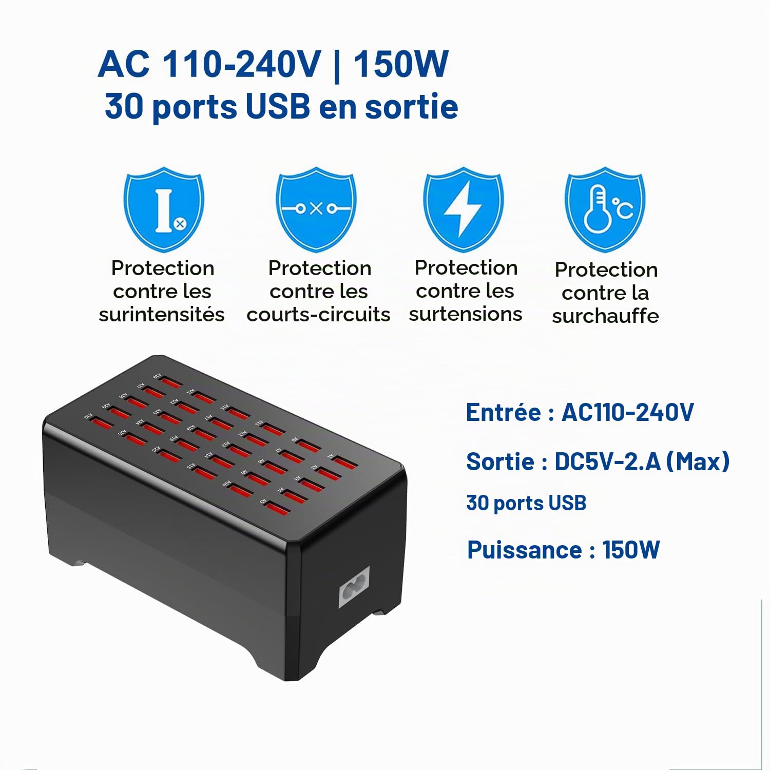 Station de Charge USB Balabaxer, 30 Ports 150W/30A, Station de Charge USB multiports pour Smartphones, tablettes et Autres appareils.