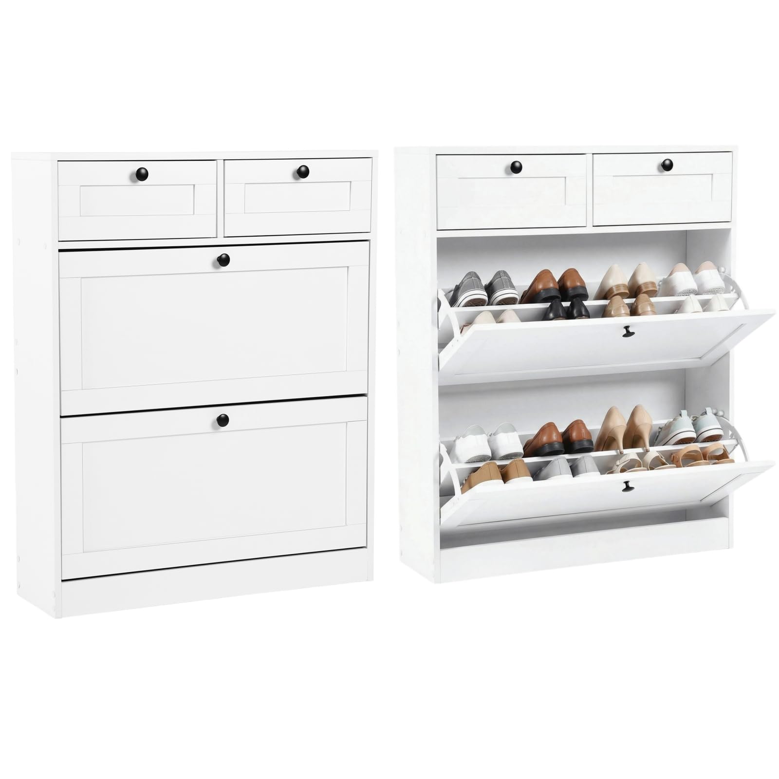2er-Set Schuhschrank Schmal, Schuhkipper Weiss Schmal mit 2 Klappen & 2 Schubladen, Schuhregal Weiß mit verstellbaren Trennwände, Schuhkommode für Flur Eingang und Wohnzimmer, 80x24x100 cm