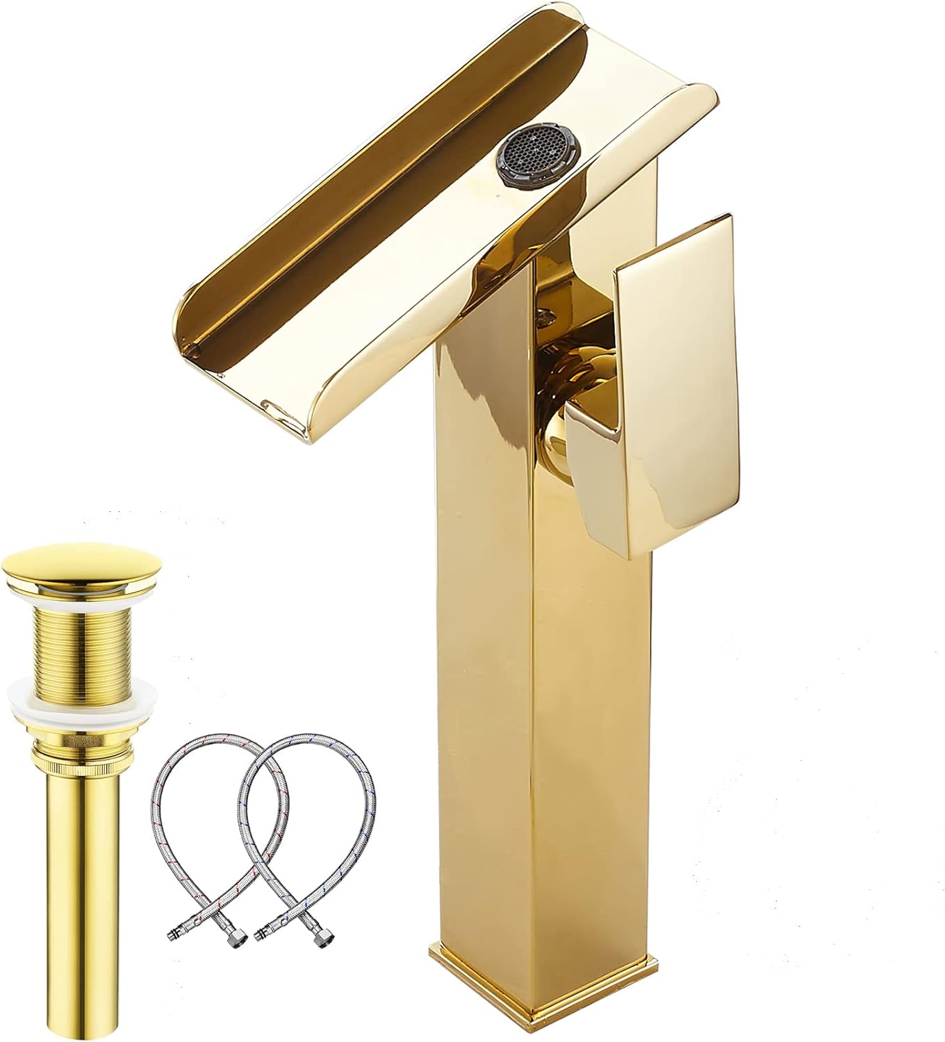 Bowl Sink Faucet Gold Bathroom Vessel Faucet Single Handle 1 Hole Waterfall Open Spout Include Drain Assembly Without Overflow Drain Stopper Lavatory Bath Vanity Luxury Wash Basin Tap Tall Deck Mount