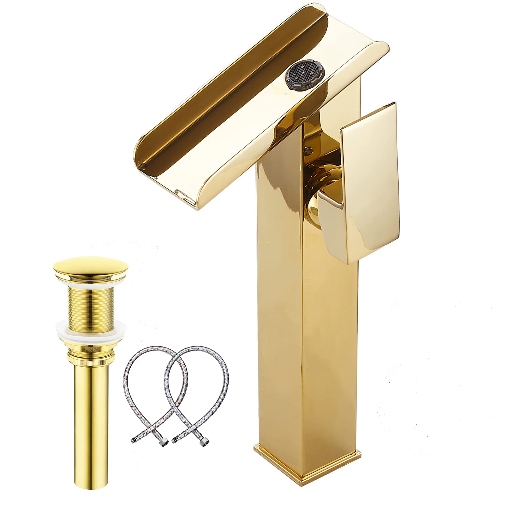 Bowl Sink Faucet Gold Bathroom Vessel Faucet Single Handle 1 Hole Waterfall Open Spout Include Drain Assembly Without Overflow Drain Stopper Lavatory Bath Vanity Luxury Wash Basin Tap Tall Deck Mount