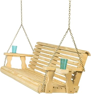 Amish Casual Heavy Duty 700 Lb Capacity Porch Swing with Cup Holders 5 Foot, Unfinished Wooden Outdoor Roll Back Swing with Hanging Chains Amish Made in the USA