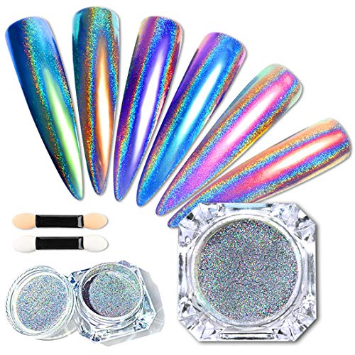 2 Boxes Holographic Nail Powder Rainbow Holographic Mirror Laser Effect Multi Chrome Manicure Pigment Glitter Dust for Salon Home Nail Art DIY Deco with Sponge Tool/2pcs
