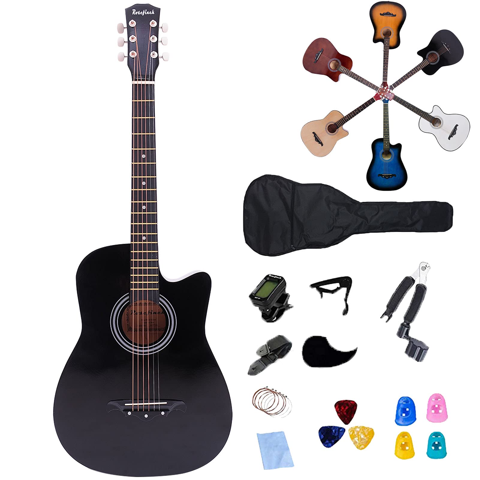 Rosefinch 38 inch Acoustic Guitar 3/4 Size Cutaway Basswood Guitar for Beginner Adults Starter Bundle Kit (BLACK 38 inch)