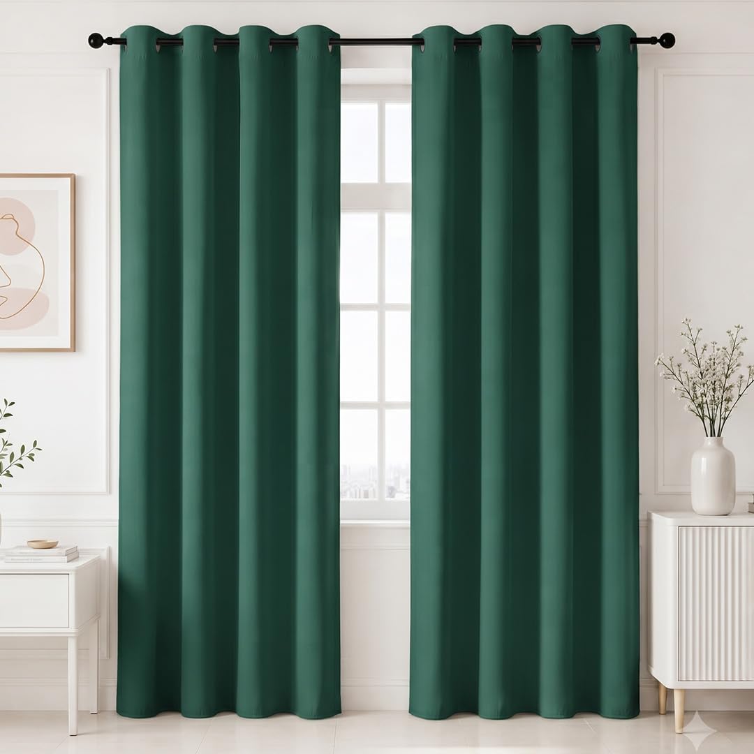 HOMEMONDE Premium Blackout Curtain for Long Door 8 Feet Pack of 2 - Heavy Faux Silk Curtains for Living Room, Office, True Room Darkening and Thermal Insulation - (Deep Forest - 96 Inches)
