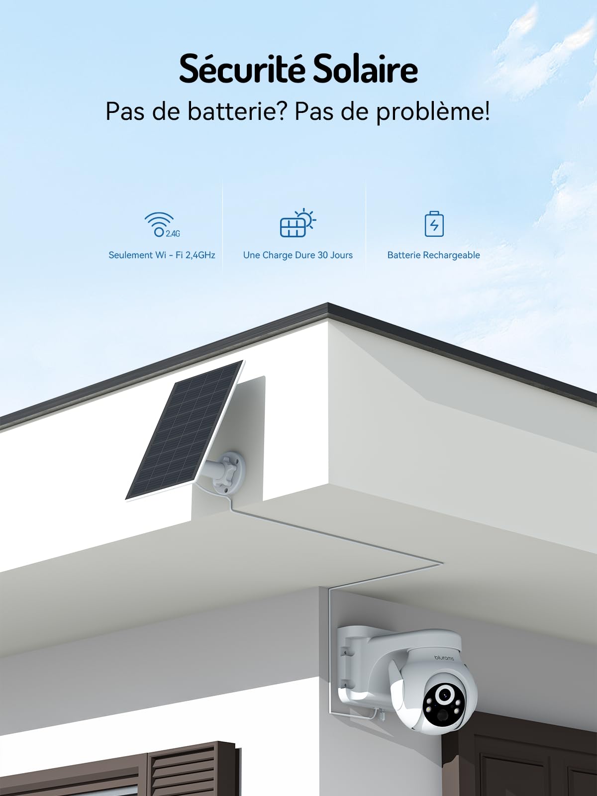 blurams 2K Camera Surveillance Solaire Exterieur - 3MP, sans Fil, WiFi 2.4GHz, 360°, Détection Humaine, Vision Nocturne, Panneau Solaire 3W, IP65
