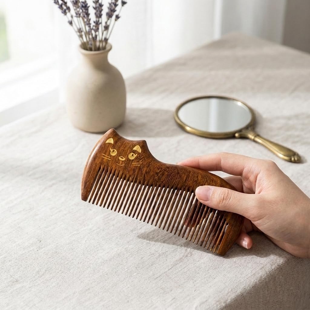 Peine de madera de sándalo, hecho a mano, peine de madera de sándalo, antiestático, peine de pelo de dientes finos para hombres, mujeres y niños, peine para barba, buen regalo (gato)