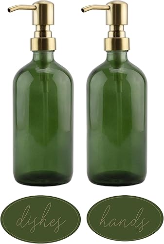 Darware Dispensadores de jabón de vidrio verde (paquete de 2, bombas de metal dorado, 16 onzas); botellas decorativas para cocina y baño