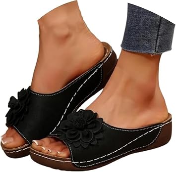 Womens Wedge Sandals Summer Dressy Flower Open Toe Platform Orthopedic Walking Sandals Boho Slip on Beach Slipper