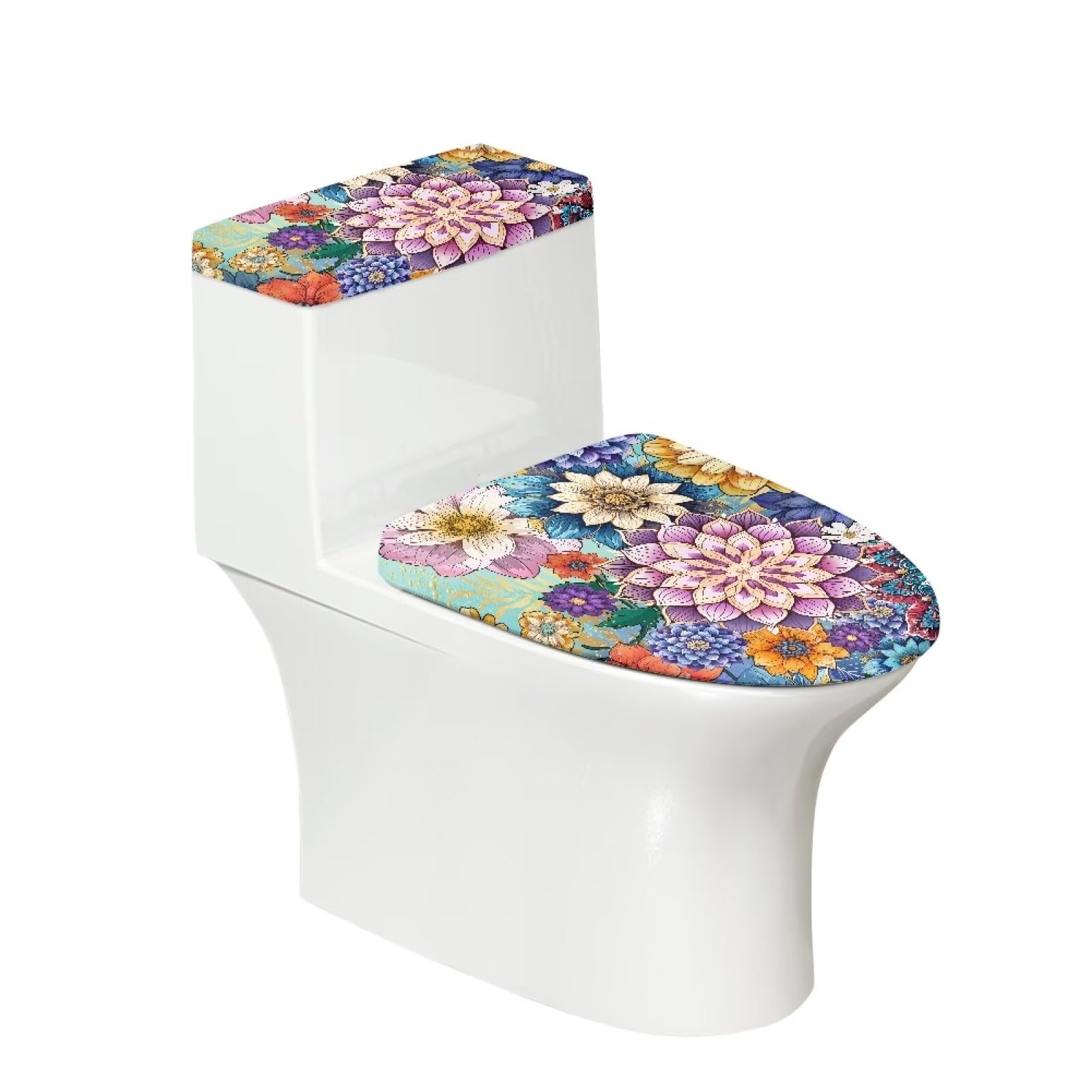 Maiyoinou Toilet Tank Lid Cover Replacement Set of 2, Bathroom Toilet Covers Set with Elastic Bottom Fits Most Size Toilet Tanks & Lids Indoor Decoration, Boho Flower Blue Purple