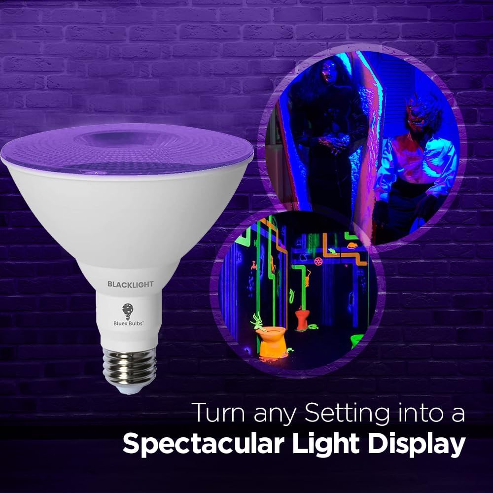 Bluex Bulbs 4 Pack PAR38 LED Black Light Bulb, 20W (200Watt Equivalent) E26 Blacklight Bulb Level 385-400nm, Body Paint, Glow in The Dark Party LED Light Bulb Neon Glow Fluorescent Poster