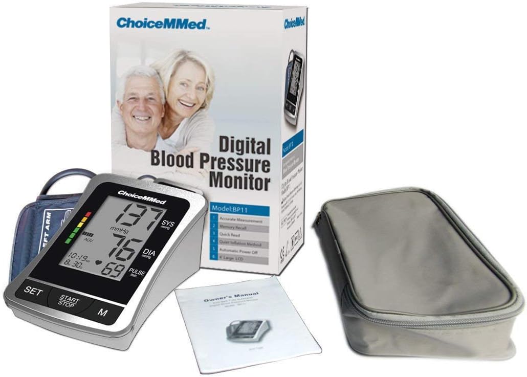 ChoiceMMed BP11 Digital Blood Pressure Monitor with packaging and accessories.