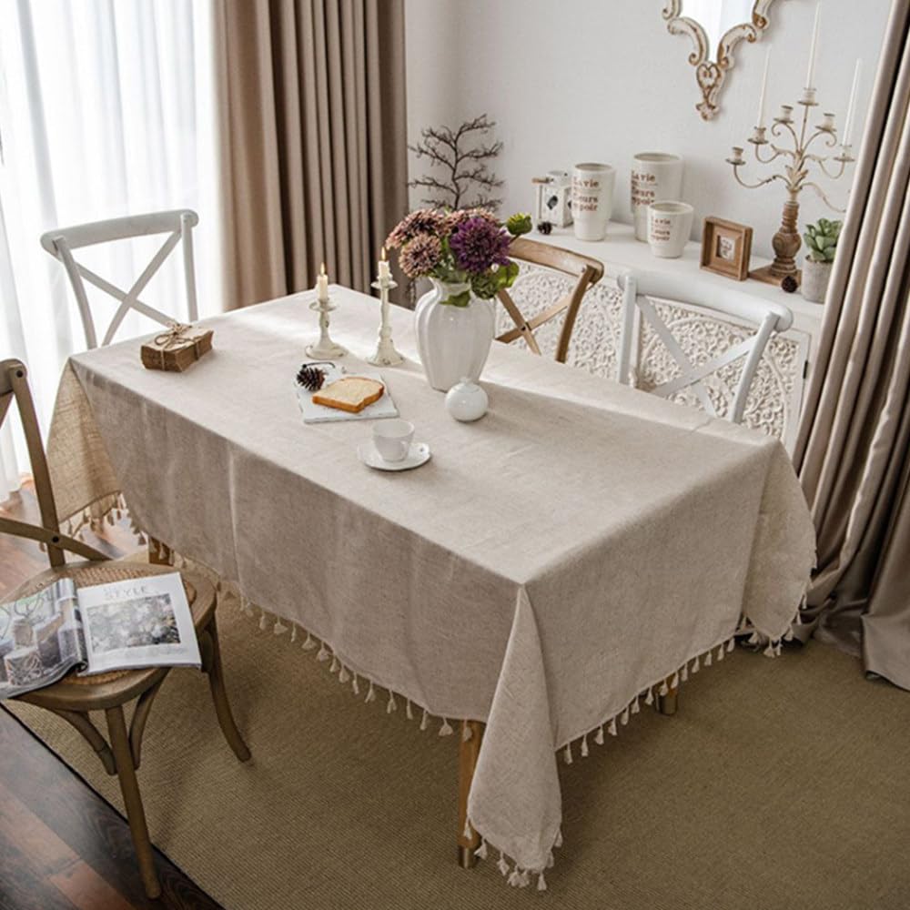 Nappe en lin rectangulaire 150x220 cm avec glands pour salle à manger