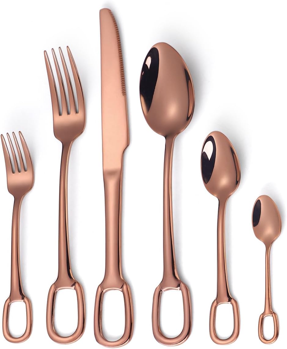 YNIYUJKL Silverware Flatware Set, 6/24/36/48/60/72 Pieces Creative Tableware 304 Stainless Steel Spoon Ring Hotel Home Steak Knife And Fork Spoon Hanging Hole Fork Tea S,Rose Gold-1Set-6Pcs