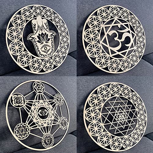 Image of 12 inch Meditation Accessories Wooden Wall Art 4 Pieces Sacred Geometry Seven Chakras Artwork Crystal Grid Board(Flower of Life,Hamsa Hand,Sri Yantra,Union Sun Moon)Home Decor for Yoga Spiritual Gifts