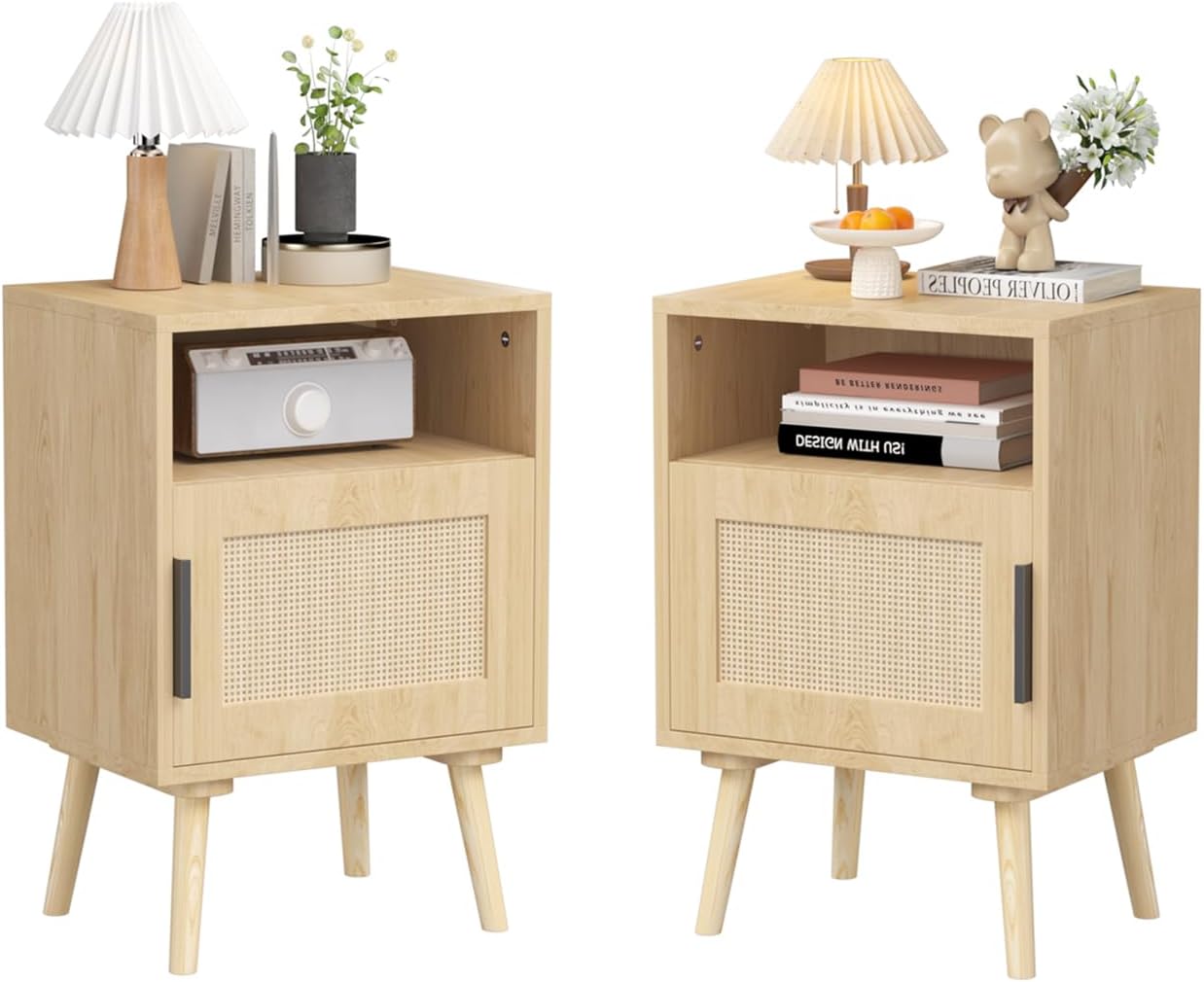 Rattan Nightstands Set of 2 with Storage Shelf - Boho Bedside Table for Bedroom - Modern End Table with Solid Wood Legs for Small Space, Dorm, Oak