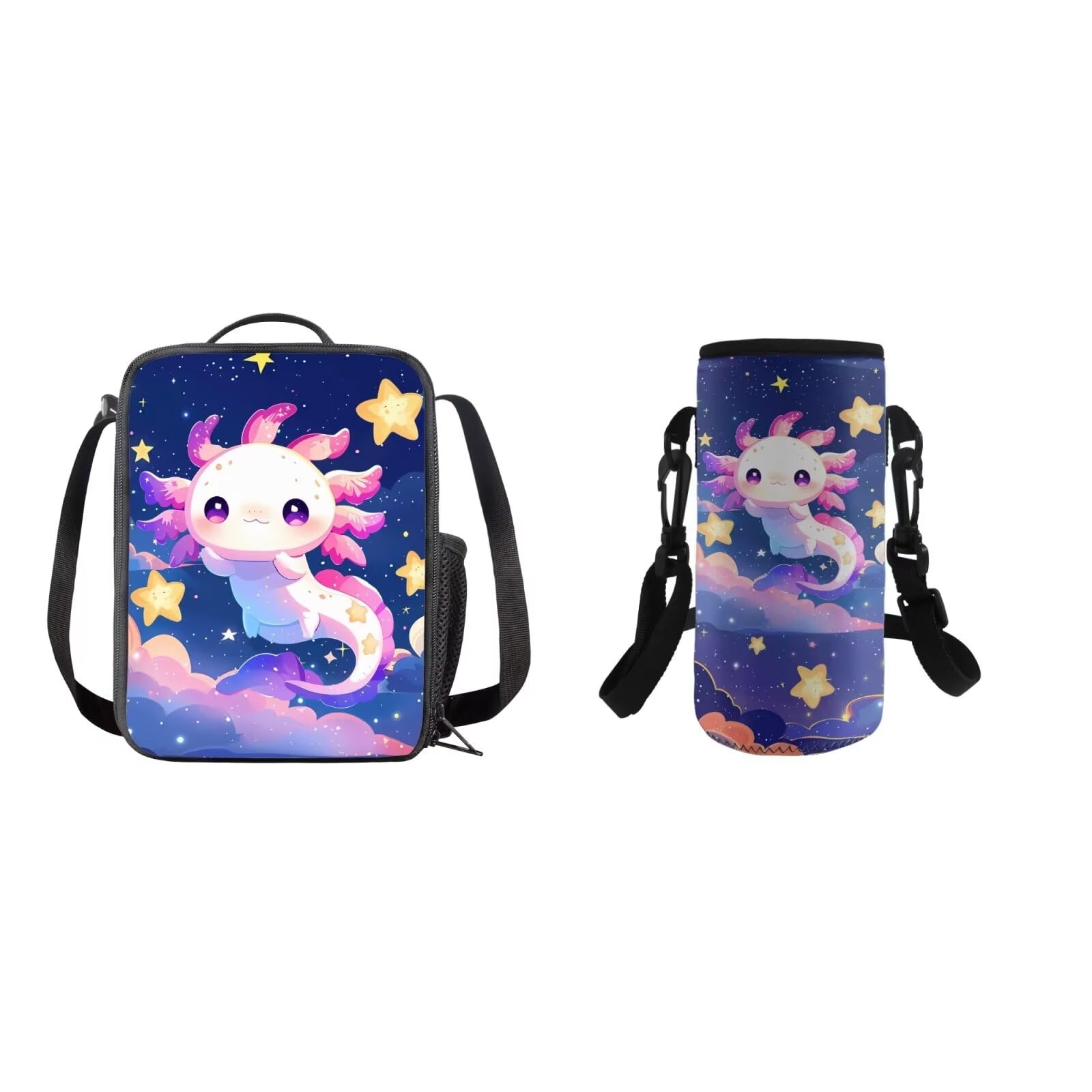 COEQINE Kids Cute Lunch Box with Water Bottle Insulation Cute Axolotl Galaxy Space Themes School Bag and Lunch Box Water Bottle Cute
