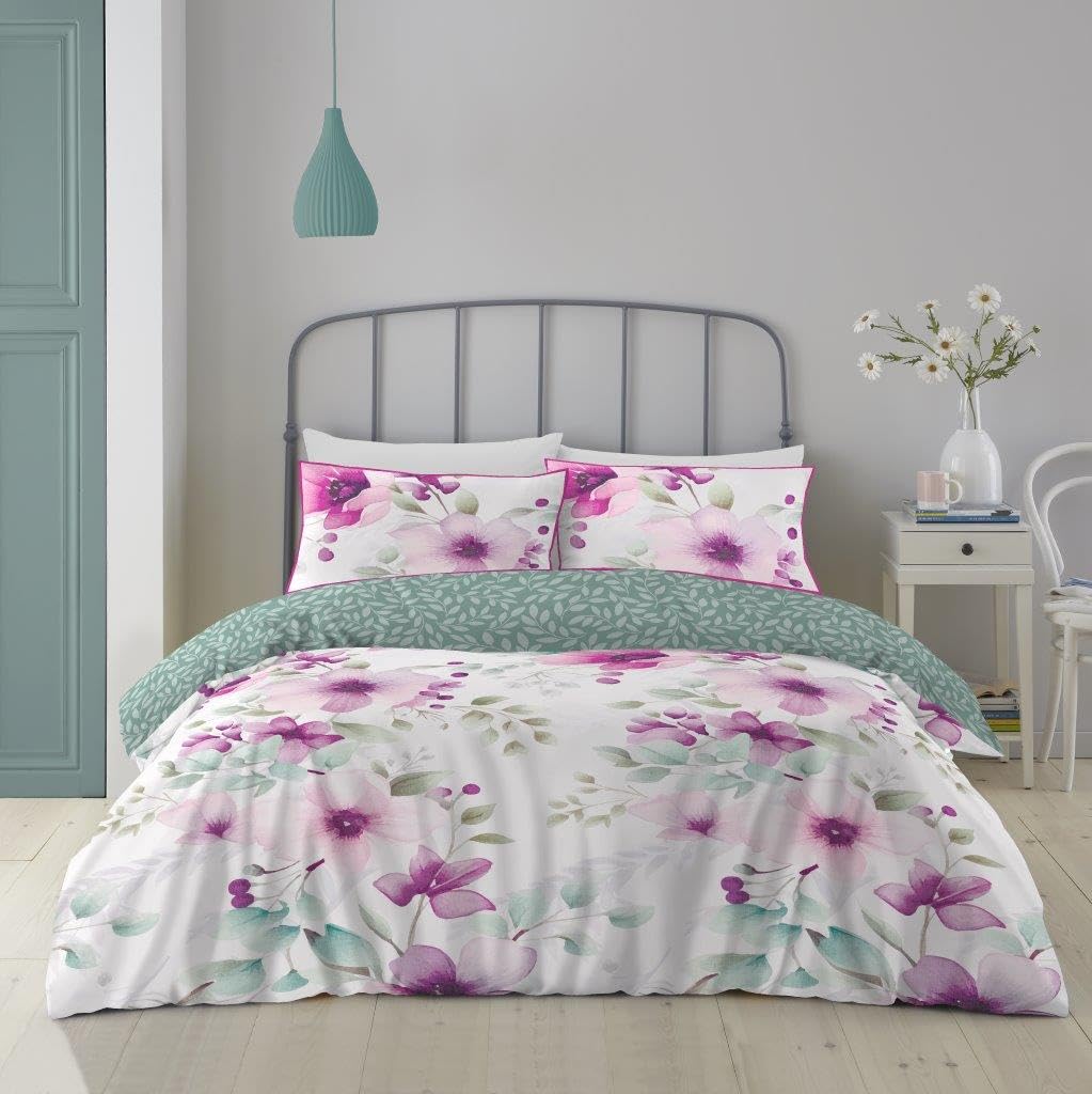 Floral Duvet King Size Covers Set - 4 Piece Reversible Leaf Bedding Set (5x230x220 cm) - Hypoallergenic Printed Fitted Sheet with Pillow Cases